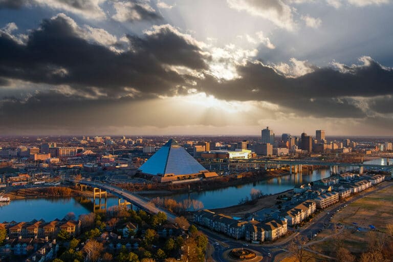 Drone view of Memphis during a cloudy day.